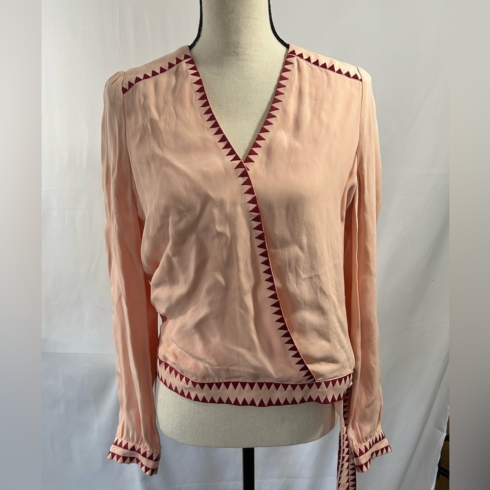 Marie Oliver Pale Pink and Red Accent Wrap Blouse Side Buttons and Tie XS